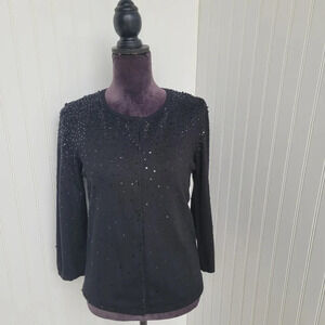 Sigrid Olsen Gorgeous Womens Silk Blend Knit Beaded Snap Cardigan Black Sequin M